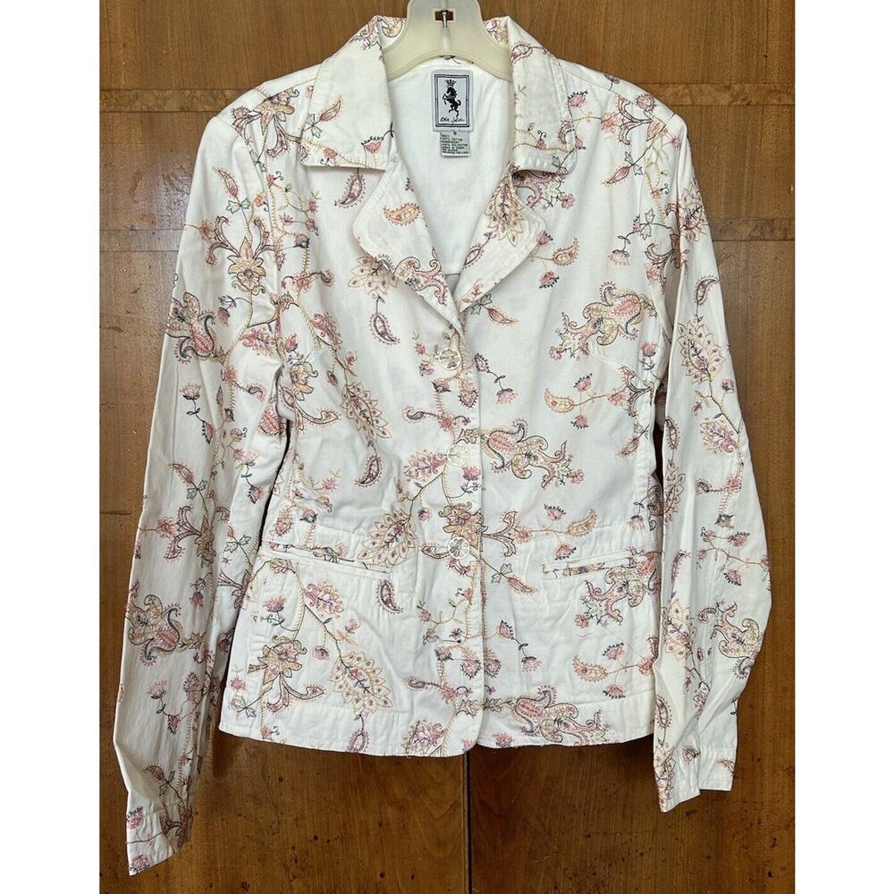 VTG Tres Jolie Embroidered White Cotton Blazer Size 8 Buttons Boho Art To Wear